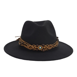 Classic black felt fedora hat with brown braided band and turquoise bead accent