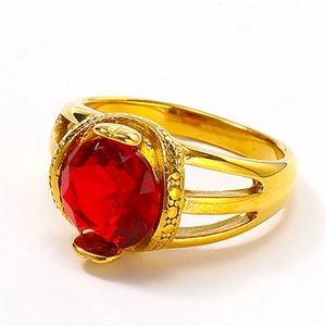 18K gold plated titanium ring featuring a large red zircon gemstone on white background