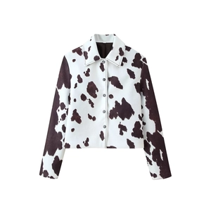 Women Cow Print Cropped Jacket Animal Pattern Polyester Long Sleeve Single Breasted Lapel Collar Streetwear Outerwear