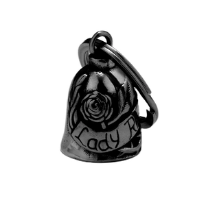 Silver stainless steel bell pendant featuring rose relief and Lady R engraved banner