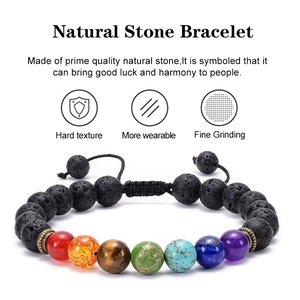 Adjustable natural lava rock and seven chakra stone yoga bracelet with woven cord