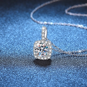 Elegant s925 silver necklace with a 1-carat square halo moissanite pendant in D color