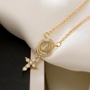 Minimalist 18K gold plated necklace with zircon cross and religious medallion pendants