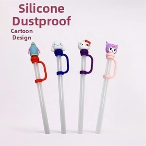 Silicone straw covers with Sanrio characters in red, blue, purple, and pink colors
