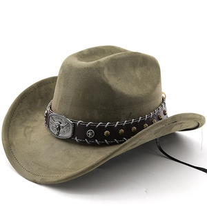 Western Cowboy Hat Suede Texture Bull Head Buckle Star Rivets Wide Brim Retro American Style For Men Women