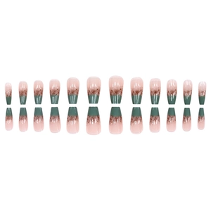 Pink and dark green gradient press-on nails in long coffin shape with marble texture