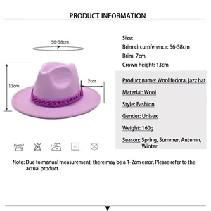 Woolen jazz fedora hat with acrylic chain strap, wide brim, 56-58cm circumference