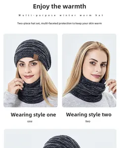 Details des Strickmützen- und Schalsets mit Darstellung von zwei Tragevarianten