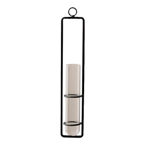 Modern black metal wall hanging glass tube vase for plants on a clean white background