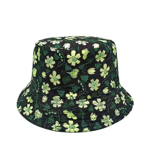 Floral print bucket hat with size chart showing head circumference and brim depth