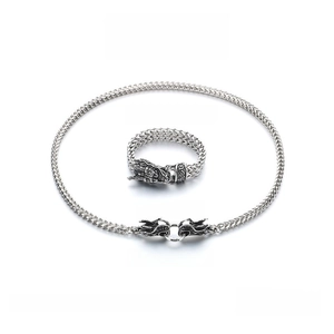 Detailed view of silver titanium steel dragon head clasp and double-row scale chain link