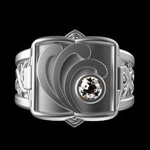 Vintage silver mens square ring with round gemstone and retro engraved wave pattern