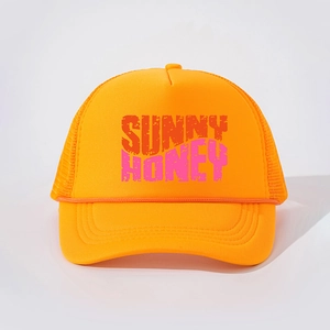 Retro orange trucker hat with Sunny Honeys print and mesh back for breathability