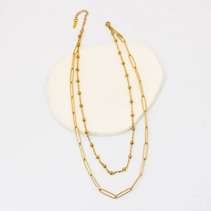 Minimalist double-layer gold titanium steel necklace with paperclip and bead chain