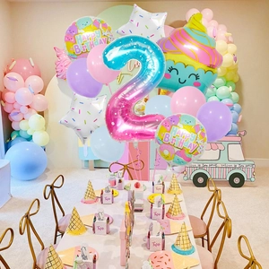 Ice cream themed 2nd birthday party set with gradient number 2 and cupcake foil balloons