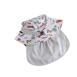 Light grey dinosaur car print sun hat for boys with neck protection flap and drawstring