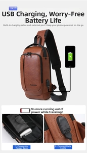 Detail showing the brown leather chest bag with a built-in USB charging port for devices