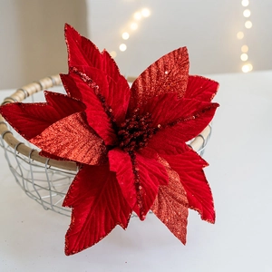 27cm Red Velvet Poinsettia Christmas Flower Decor with Glitter in Rustic Basket