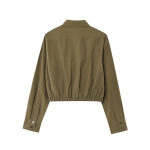 Army green long sleeve cropped jacket with elastic hem and lapel, back view on white background