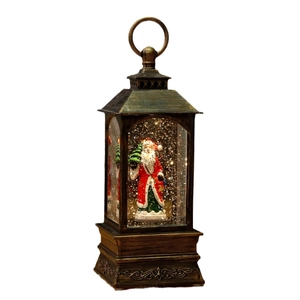 Vintage style Christmas lantern with Santa Claus scene and sparkling snow effect