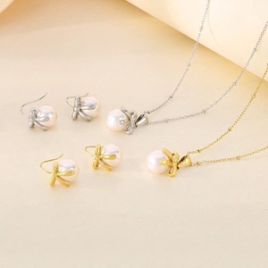 Elegant Bowknot Artificial Pearl Necklace And Hook Earrings Stainless Steel Shell Artificial Pearl Vintage Jewelry For Women