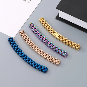Polished stainless steel watch bands in blue, rose gold, rainbow, and gold finishes