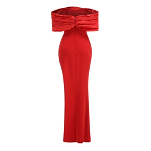 Back view of elegant red off-shoulder evening dress with a high slit and ruched detail