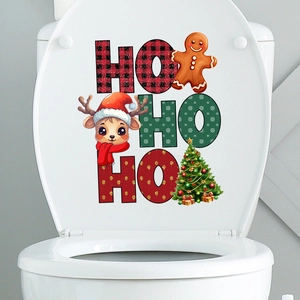 Waterproof Christmas toilet lid sticker featuring gingerbread man, reindeer and festive trees