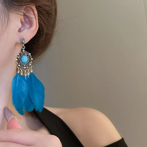 Détails de boucles d'oreilles bohèmes en plumes avec pierre turquoise et alliage