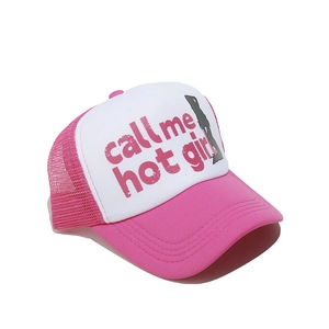 Pink and white mesh trucker hat with Call Me Hot Girl print and breathable net back