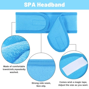 Detail view of blue spa headband fabric texture, strong side seam and magic tape closure