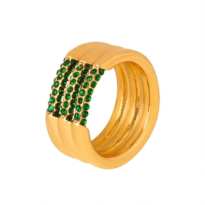 Retro 18k gold plated titanium ring with triple rows of green cubic zirconia stones