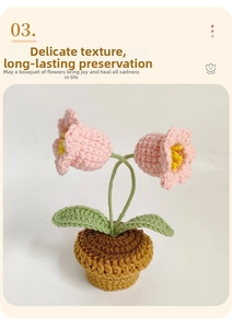 Macro shot of handmade crochet tulip flower pot showing detailed pink yarn petals and leaves
