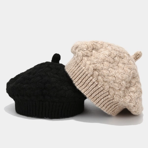 Classic cable knit wool beret hats in black and beige for women's autumn winter fashion