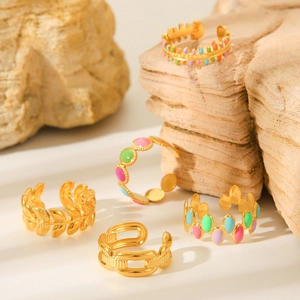 Colorful Enamel Drip Oil Open Rings 18K Gold Plated Stainless Steel Waterproof Non Fading Ins Style Geometric Jewelry For Women