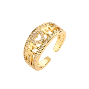 Adjustable gold plated MOM heart ring with micro-pave zircons for mothers