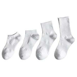 White cotton athletic socks set showing four heights from low cut to crew length