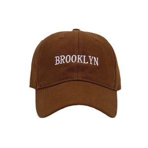 Coffee brown Brooklyn embroidered cotton baseball cap with white lettering and curved brim