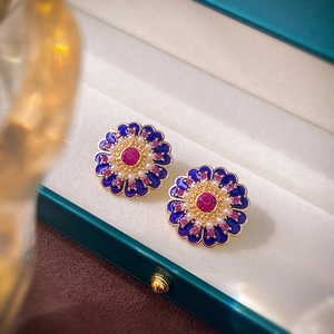 Vintage floral stud earrings with blue enamel, pearls and magenta crystal in a gift box