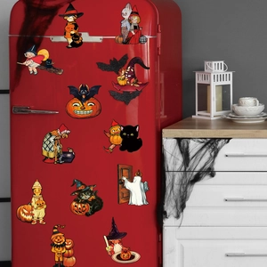 Retro Halloween magnets with gnome and pumpkin patterns on a vintage red fridge