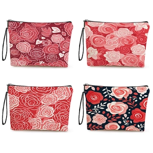 Rose Flower Print Linen Cosmetic Bag Travel Makeup Pouch Toiletry Organizer With Zipper Hand Strap