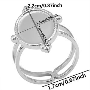 Close-up of adjustable stainless steel ring base with 2.2cm serrated bezel tray setting