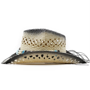 Western style beige and black gradient straw cowboy hat with turquoise bead chain detail