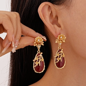 Boucles D'oreilles Pendantes Fleurs Rétro Alliage Résine Strass Avec Tige En Argent Sterling 925 Style Français Femmes