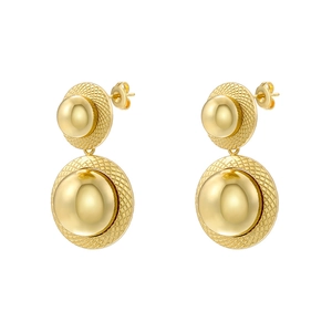 French style gold geometric double sphere stud earrings with smooth metallic finish
