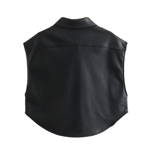 Chic black faux leather sleeveless vest with dual pockets and classic collar for women
