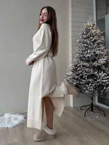 Chic cream long-sleeve knit midi dress with side slit and round neck for women