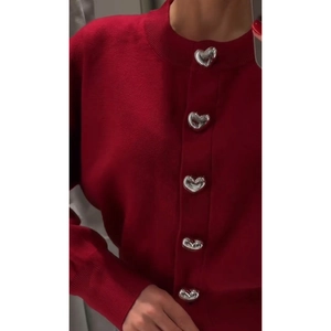Red knit cardigan with decorative silver heart-shaped metal buttons for women