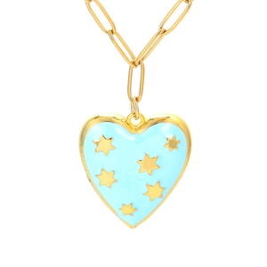 Sky blue enamel heart necklace with gold stars and trendy paperclip chain