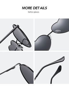 Detail view of heart-shaped sunglasses featuring metal hinges and silicone nose pads